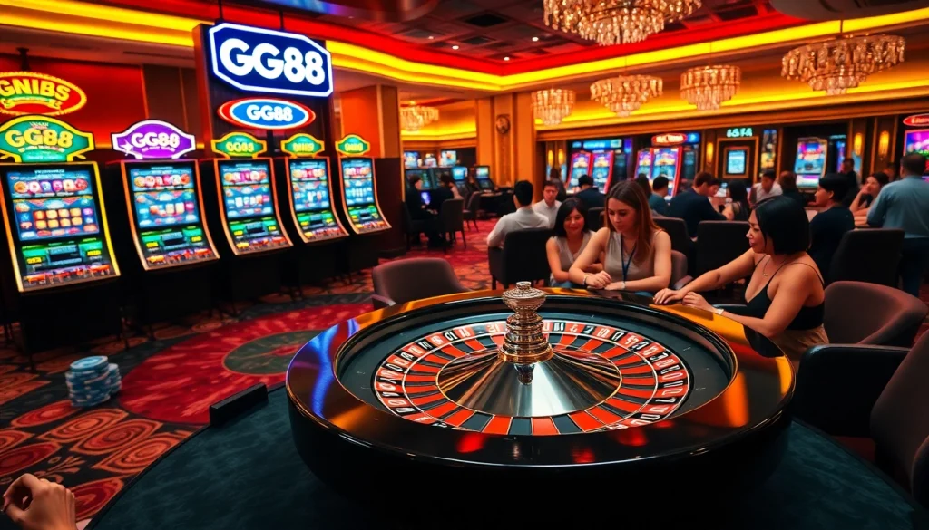 Experience GG88’s vibrant casino atmosphere with lively slot machines and a spinning roulette wheel.