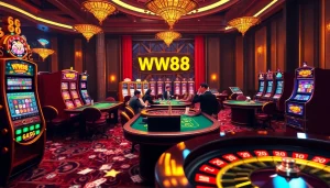 WW88 poker players at a luxury casino table amidst vibrant slot machines and roulette wheels.