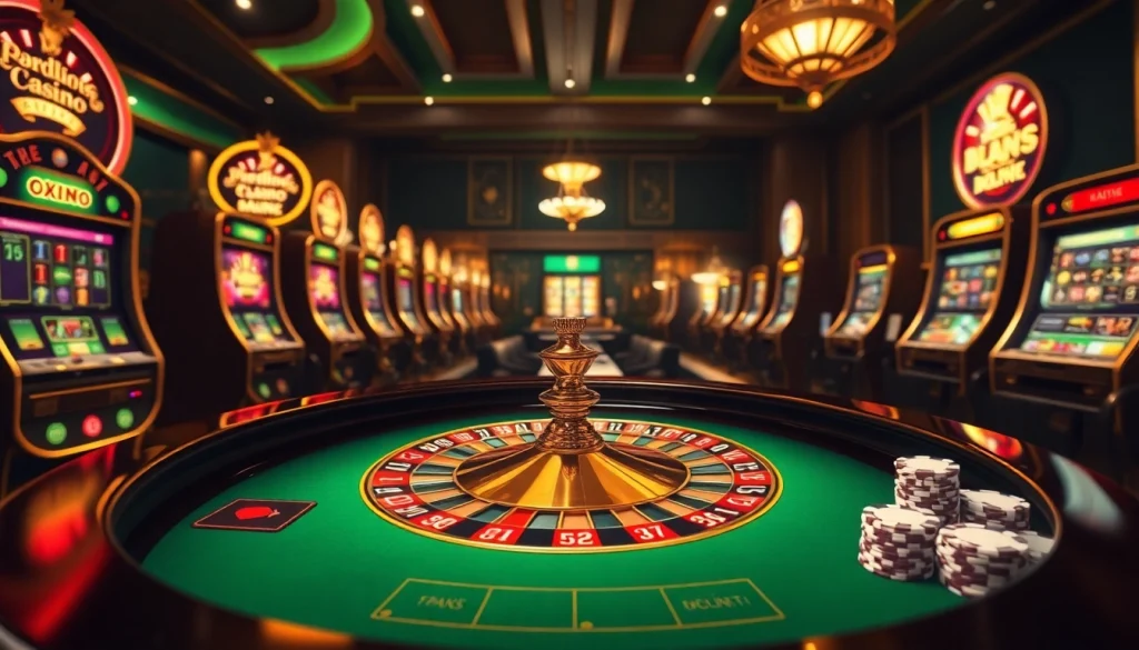 A vibrant scene showcasing the trang chủ dn88 online casino environment with roulette, cards, and chips.
