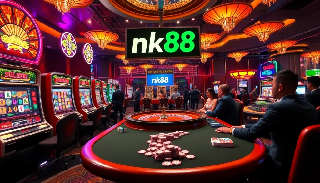 Experience the thrill of nk88 with an immersive casino scene filled with poker, roulette, and slots.