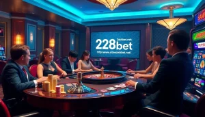 Experience the thrill of gaming at http://228kbet.net/ with a high-stakes casino atmosphere showcasing players around a roulette table.