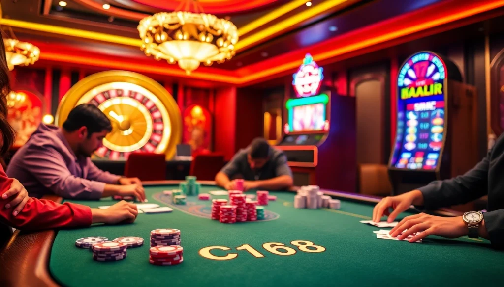 Players enjoying a thrilling poker game at C168 casino, surrounded by colorful chips and cards.