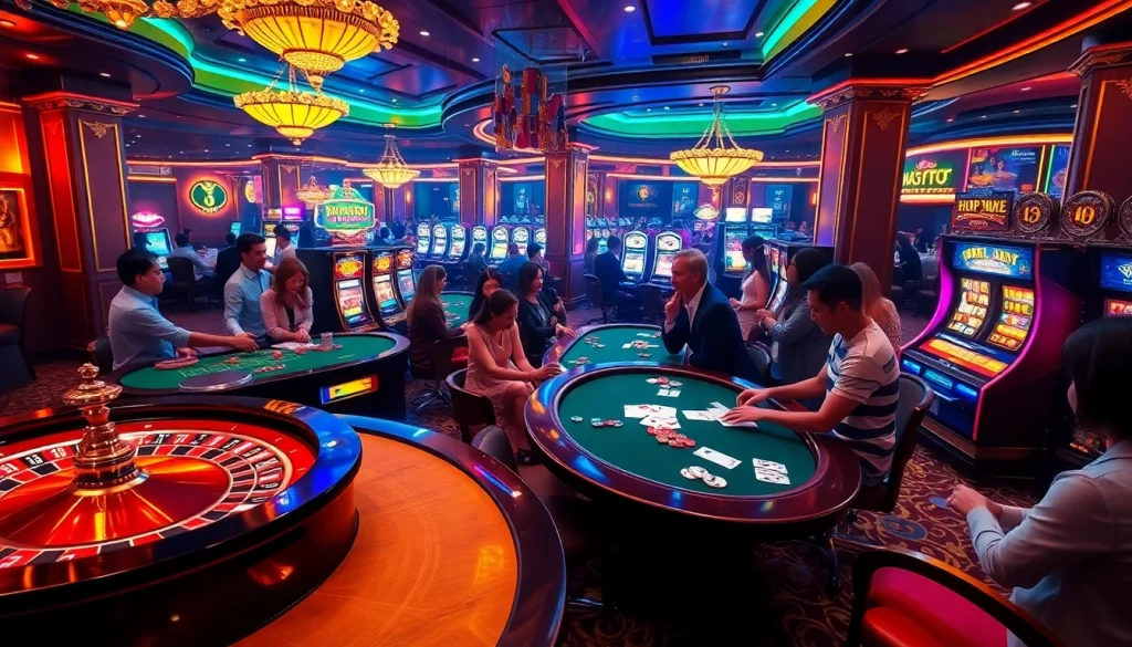 Experience thrilling gameplay at https://lc88.video/ with vibrant casino elements like poker chips and roulette wheels.