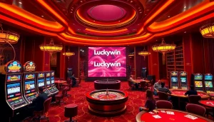 Experience the excitement of Luckywin with vibrant slot machines and a live roulette wheel.