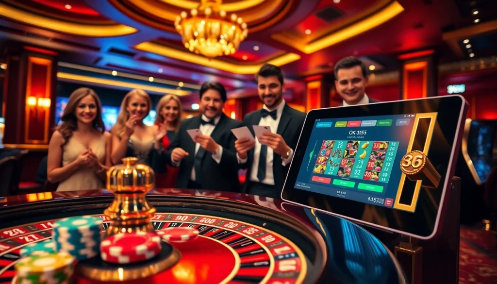 Players enjoying gambling excitement at OK 365 online casino with roulette and slot machines.