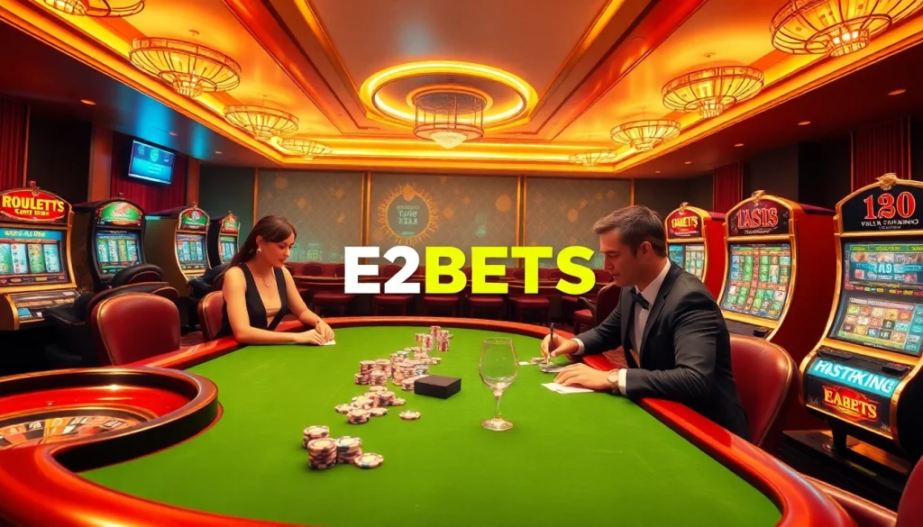 E2BETS players enjoying a riveting poker game at a luxury casino table, showcasing excitement and strategy.