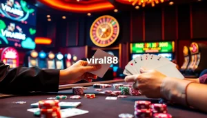 Engaged poker players at a high-stakes table with viral88 themed elements.