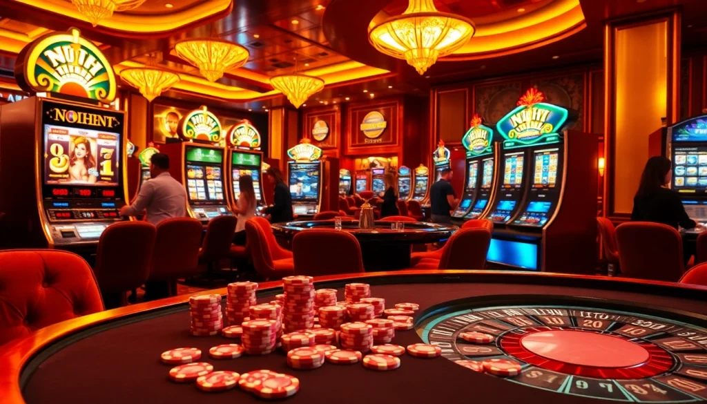 Nổ hũ slot machines activating with excited players in a luxurious casino environment.