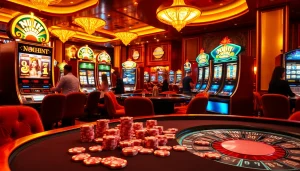 Nổ hũ slot machines activating with excited players in a luxurious casino environment.