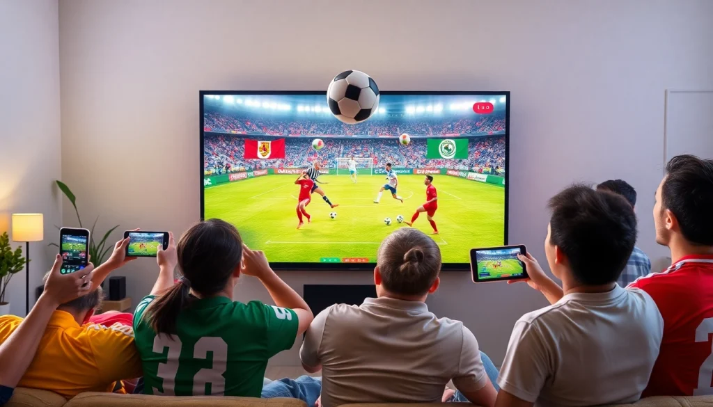 Fans enjoying a lively soccer match experience through https://vaoluoitv.it.com, showcasing devices, cheering, and dynamic elements.