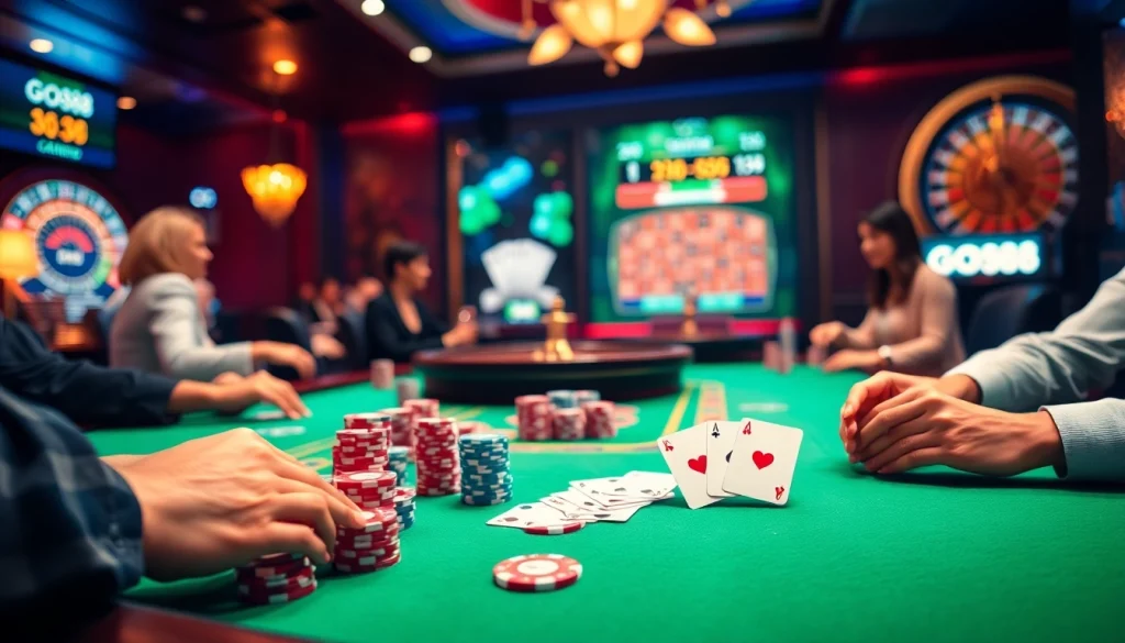 Players engaging in high-stakes poker at a luxurious casino table featuring go88 poker chips and cards.