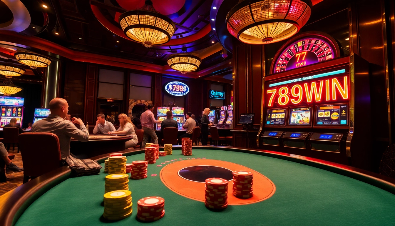 A vibrant casino scene featuring spinning roulette and poker players at 789WIN, exuding excitement.