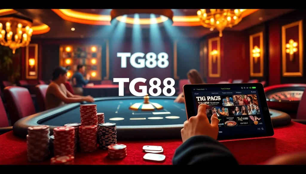 Experience the excitement of TG88 in a vibrant casino scene with poker chips and online gambling.