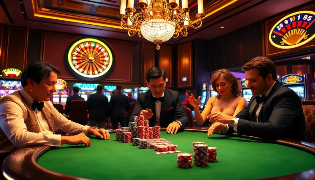 Excited players at a poker table in a luxurious casino, highlighting the thrill of gambling at https://f1682.email/.