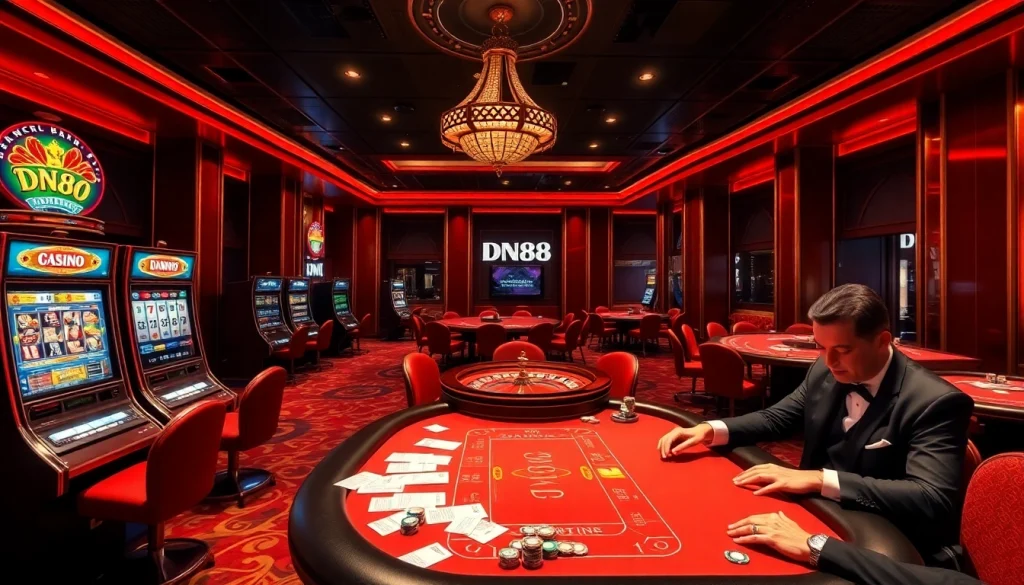 Engage in premium gaming at DN88 casino with roulette and poker tables.