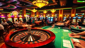 Engaging players at a Luckywin casino with vibrant roulette, slots, and poker tables in action.