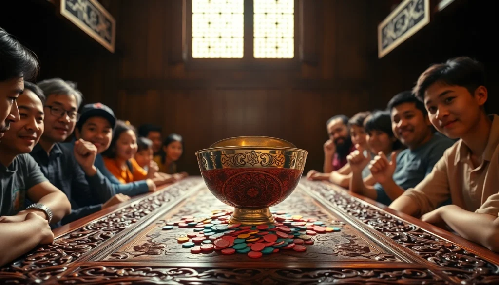 Xóc đĩa game scene featuring players and colorful coins, embodying excitement and tradition.