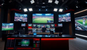 Engaging sports broadcasting studio displaying live sports events and statistics.