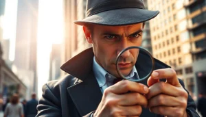 A private detective examining clues with a magnifying glass against a vibrant city backdrop.