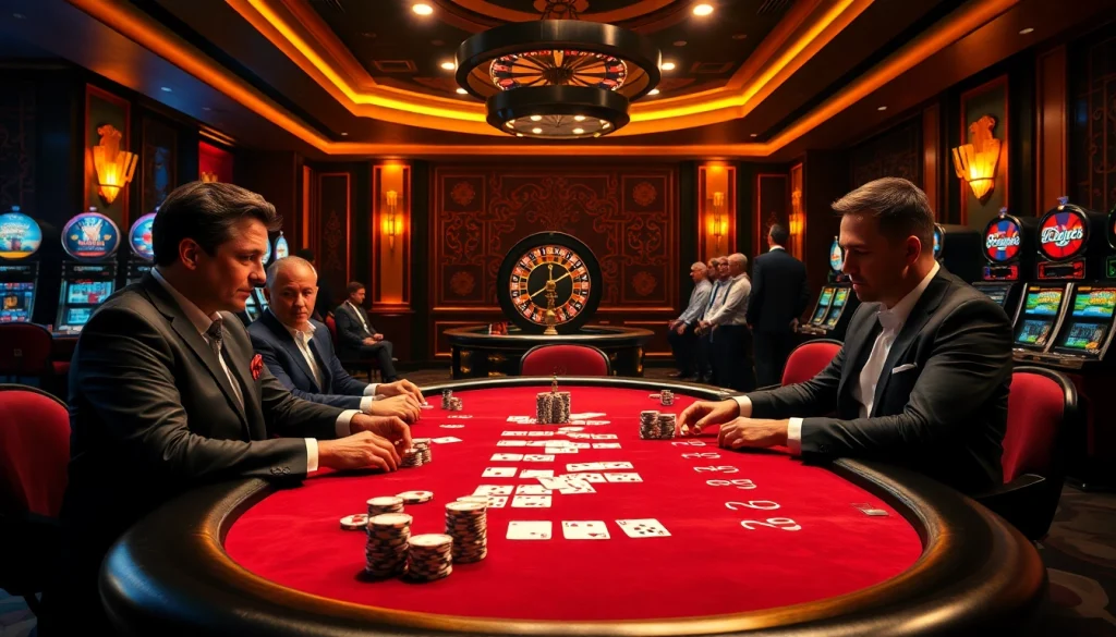 Intense poker competition at a luxurious casino table featuring GO8 poker chips and colorful cards.