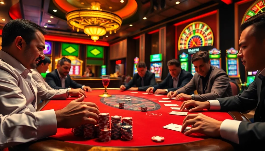 Professional gamblers engaging at a thabet77 poker table in a luxurious casino environment.