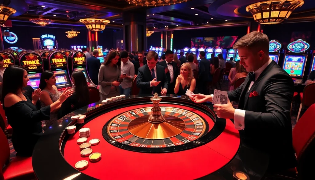 Excited gamblers enjoying a vibrant luck8 casino scene with roulette and slot machines.