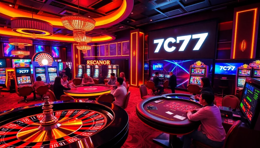 Experience the thrill of 7C77 in a luxurious casino setting with vibrant gaming tables and slot machines.