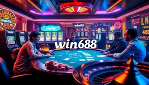 Experience the excitement of nhà cái win678 with players engaged in high-stakes poker and vibrant slot machines.
