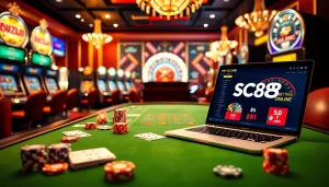Experience win big with SC88 at a luxurious casino setting featuring tables and slot machines.