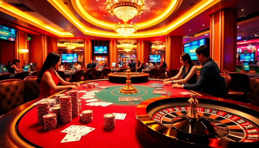 Nhat vip casino players strategizing at a luxurious poker table amidst vibrant gambling ambiance.