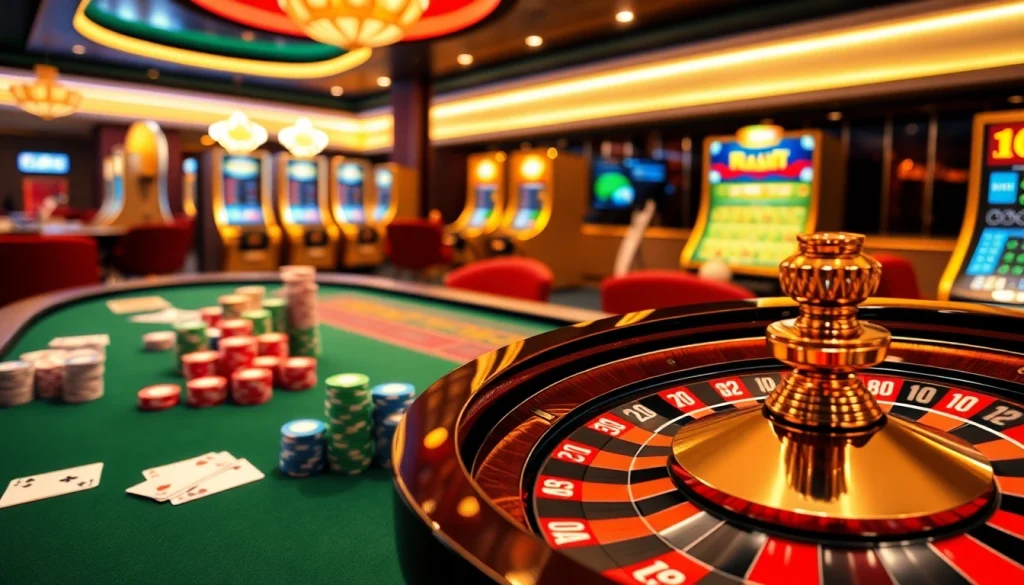 Engaging online gaming experience at LC88 with vibrant casino elements including poker chips and a roulette wheel.