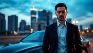 Hire personal bodyguard standing confidently next to a luxury car in an urban setting.
