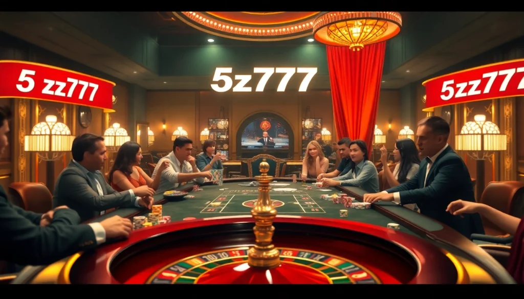 Engaged gamblers celebrating their wins at a luxurious 5z777 casino table with dice and chips.