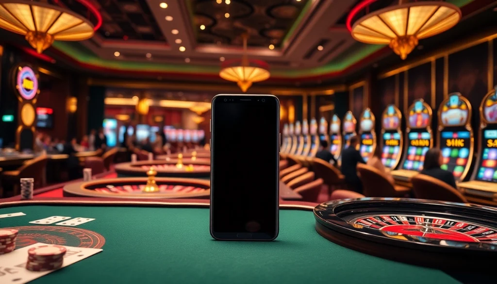 S8 gaming excitement with Samsung Galaxy S8 amidst casino tables and vibrant slot machines.