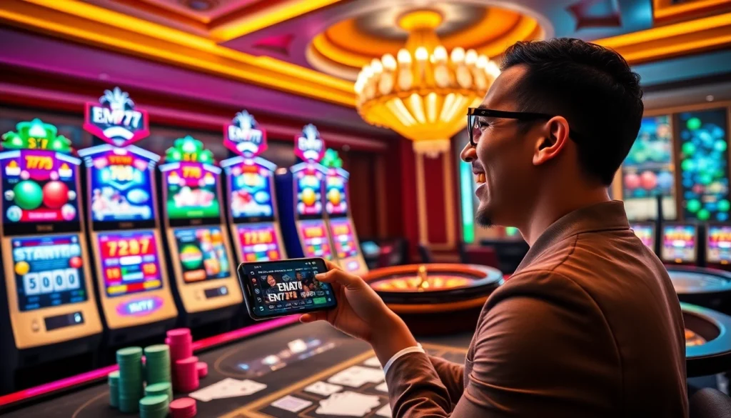 Experience thrilling gameplay with EM777's vibrant casino scene featuring slots and poker action.