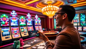 Experience thrilling gameplay with EM777's vibrant casino scene featuring slots and poker action.