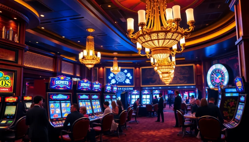 SLOTS8 gaming excitement in a luxury casino setting featuring slot machines and eager players.