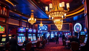 SLOTS8 gaming excitement in a luxury casino setting featuring slot machines and eager players.