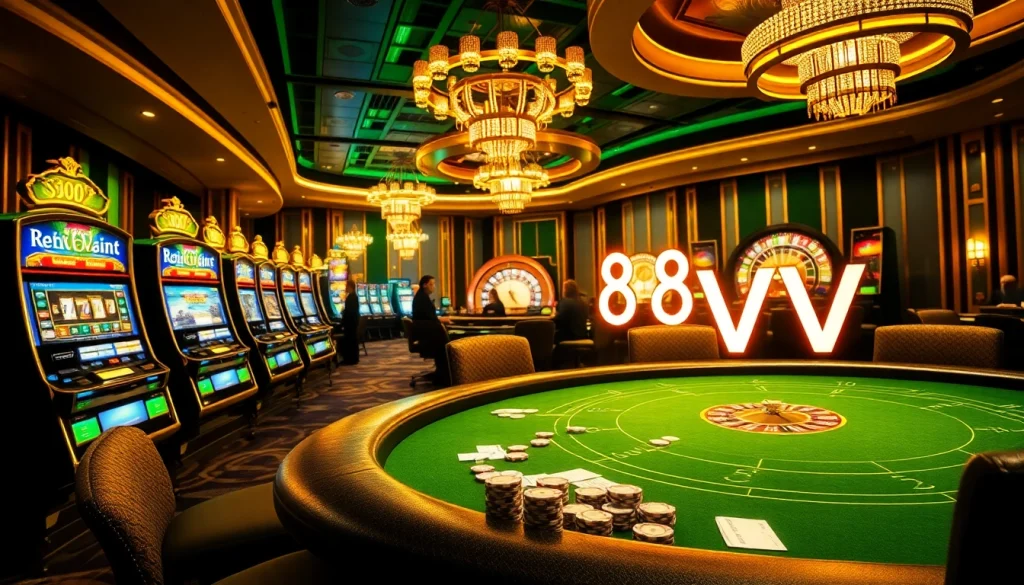 Experience the thrill of the casino with 88vv, showcasing vibrant slot machines and a bustling poker table.