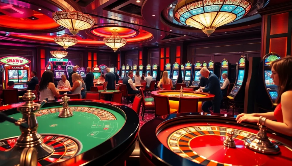 Enthusiastic players enjoying interactive games at 33win com 1 casino, showcasing vibrant slot machines and roulette tables.