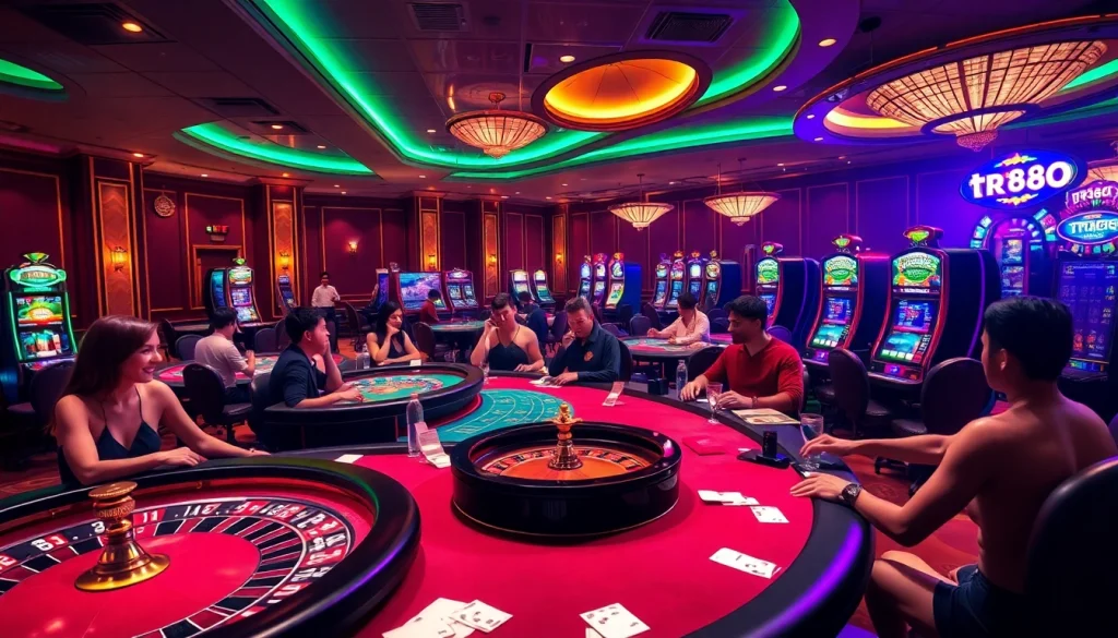 Engage in a luxury casino experience featuring tr88 elements, vibrant tables, and players enjoying games.