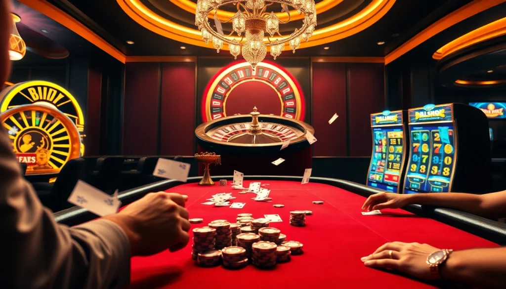 Engaging poker players with BL555 chips and roulette, showcasing a premium online casino experience.