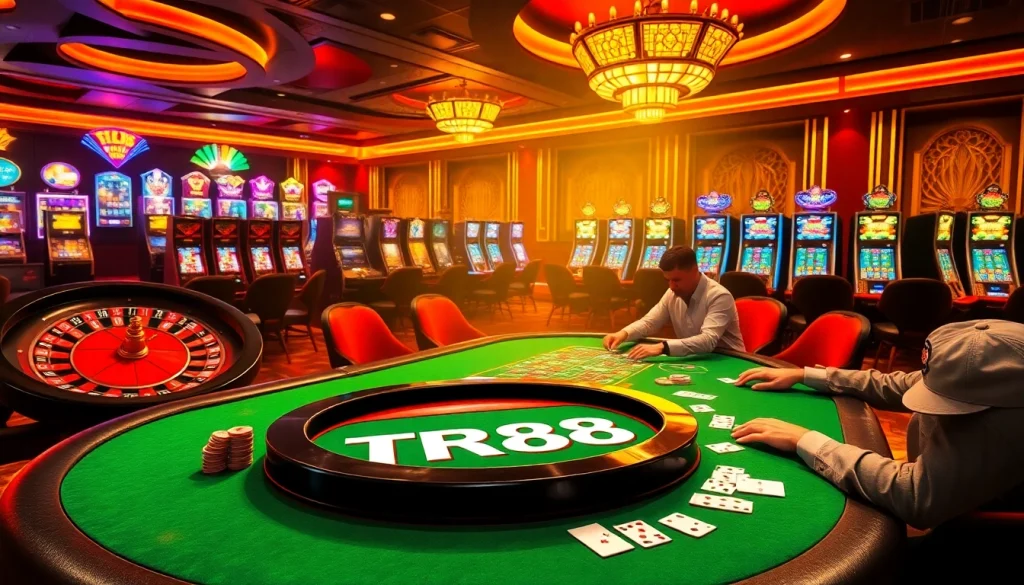 Experience high-stakes excitement at a casino table featuring the TR88 poker game, with vibrant chips and cards.