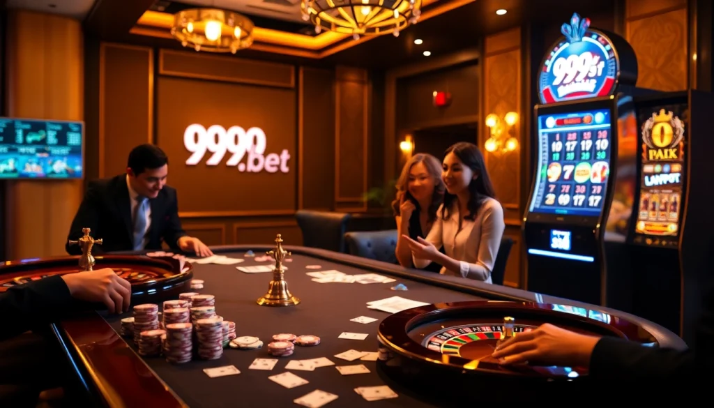 Players enjoying a thrilling poker game at 999bet's elegant casino table.