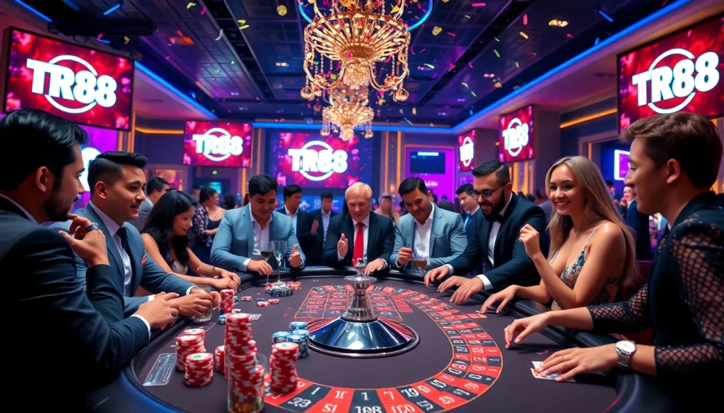 Players enjoying thrilling games at TR88 casino, engaging in poker and roulette with vibrant ambiance.
