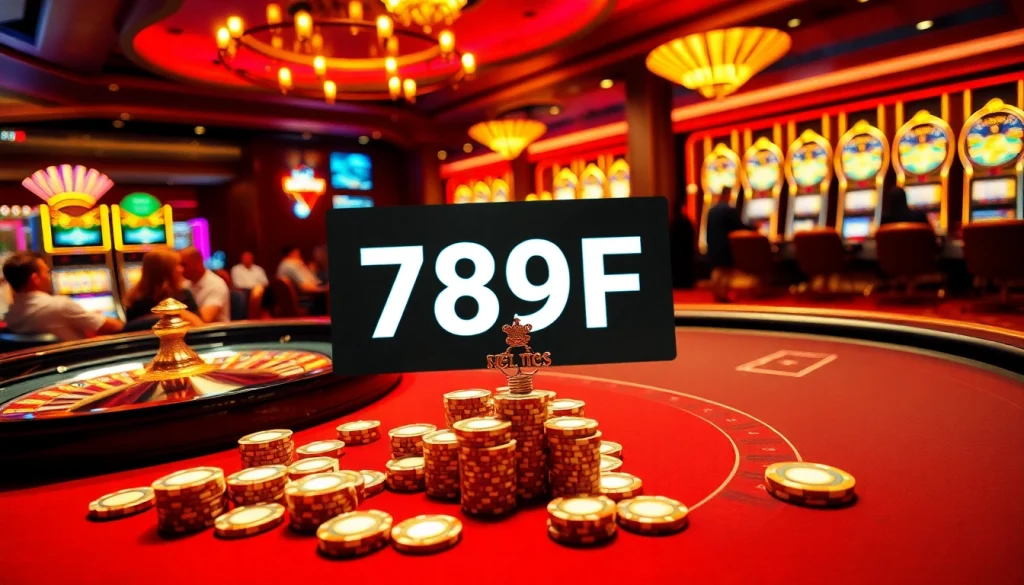 Exciting casino scene featuring 789F poker chips and roulette wheel amidst vibrant slot machines.