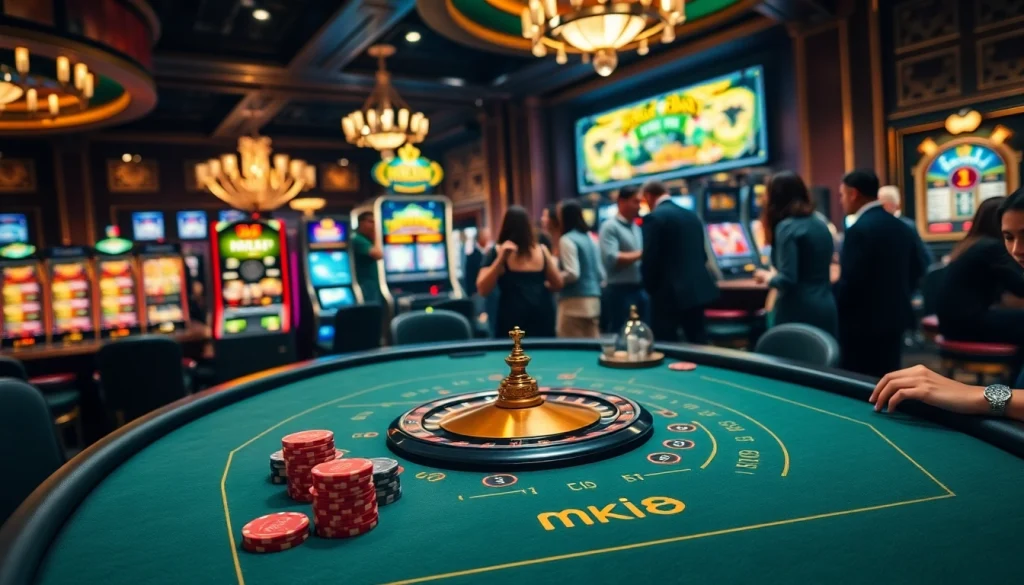 MK8 branded casino environment with vibrant colors and engaging players at a luxury table.