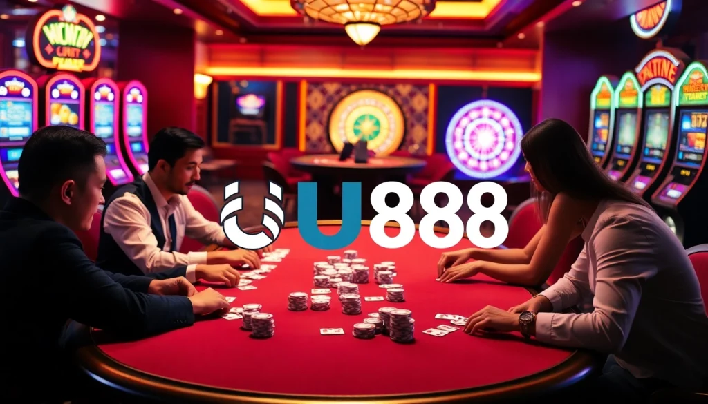 UU88 players engaging at a poker table in a vibrant casino atmosphere.