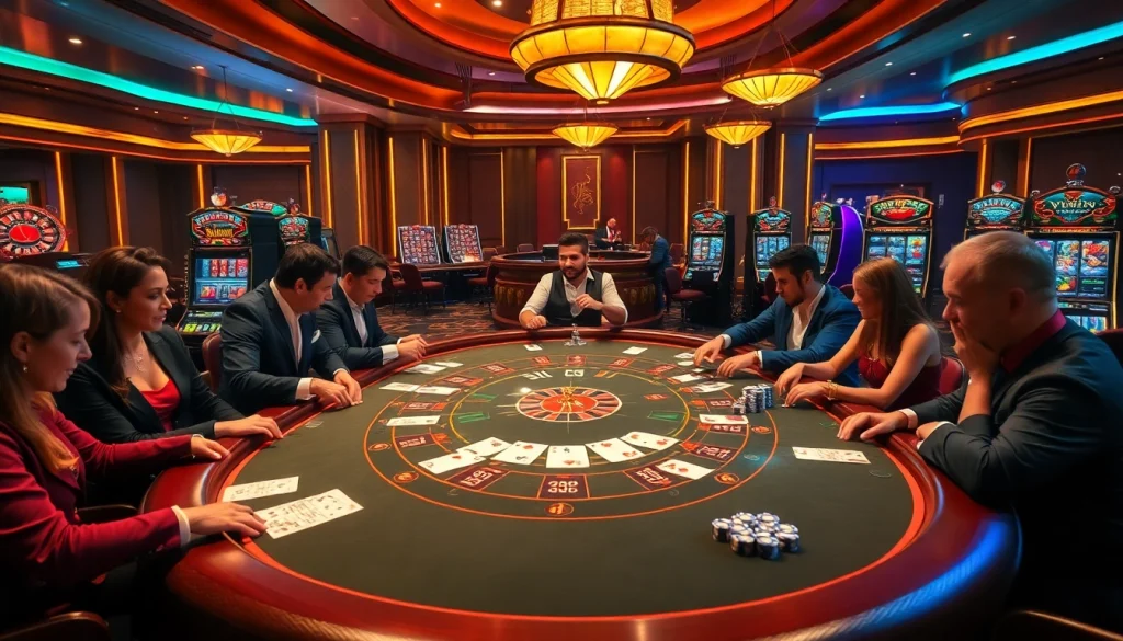 Experience the excitement of VWIN with players enjoying poker in a luxurious casino setting.