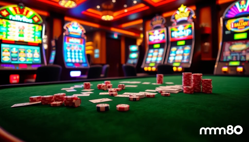 Gamblers enjoying the excitement of mm88 casino games with vibrant poker chips and cards.